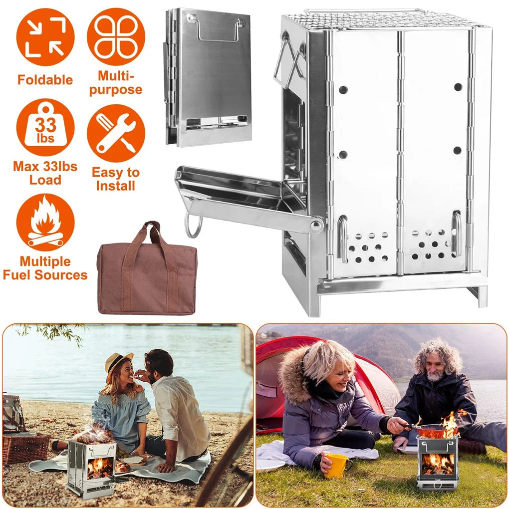 Foldable Wood Burning Stove And Grill Stainless Steel Camp Stove