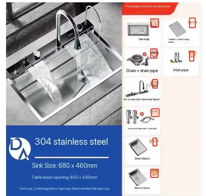 Digital fly rain waterfall sink embossed nano 304 stainless steel large single sink kitchen black washbasin