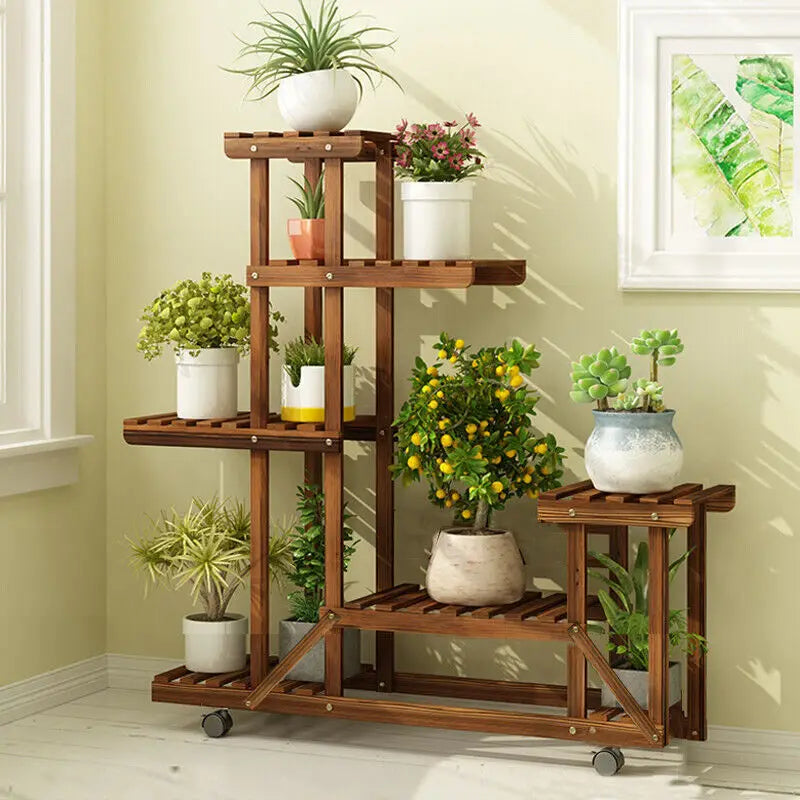Pine Wooden Plant Stand With Wheels Multi-Layer Indoor Display Rack