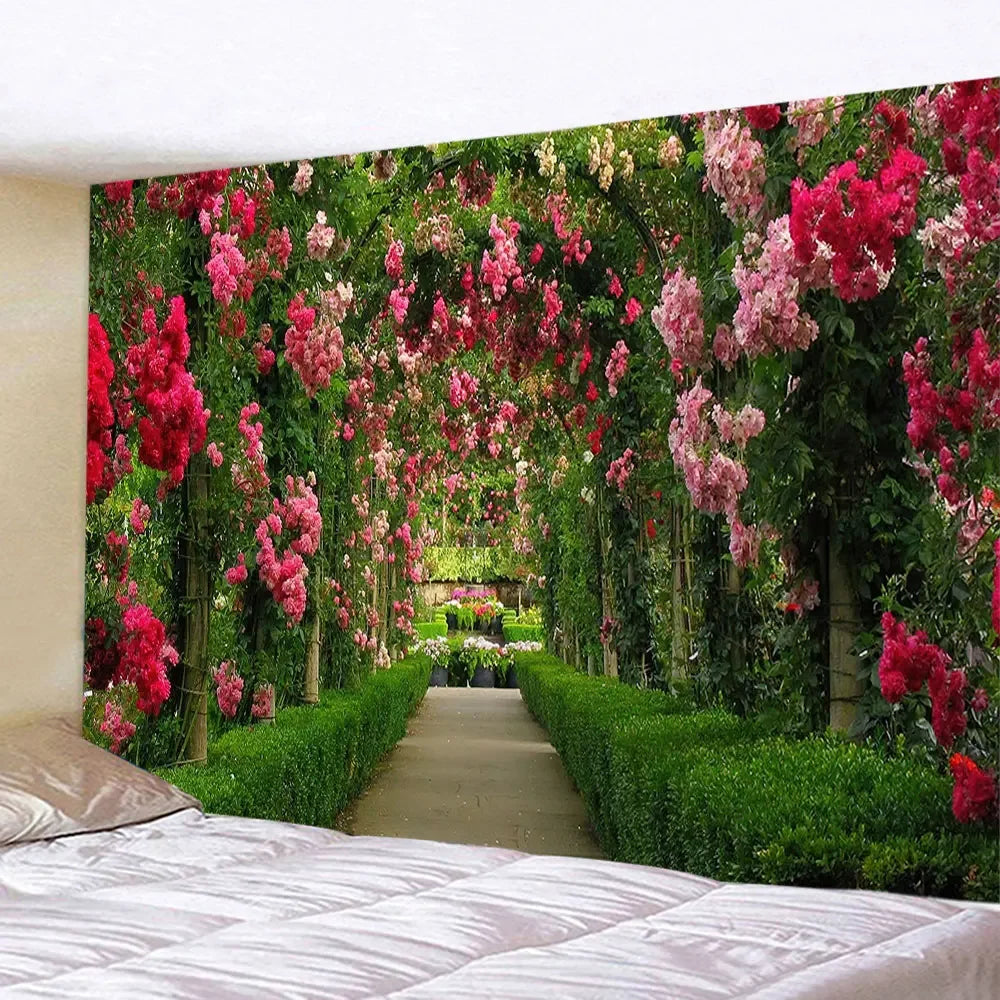 Spring Flowers Wood Fence Tapestry Nature Pink Rose Plants Floral Wall Hanging Garden Window Natural Scenery Cloth Home Decor