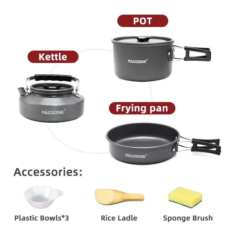 PACOONE Camping Cookware Set Portable Outdoor Pot Pan Kit