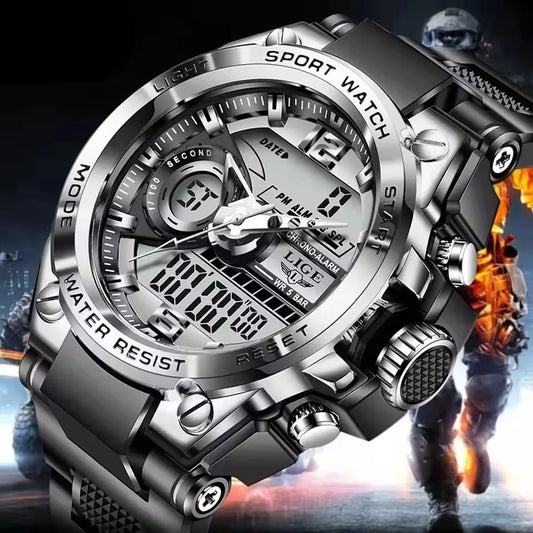 LIGE Men Military Digital Watch 50m Waterproof LED Quartz