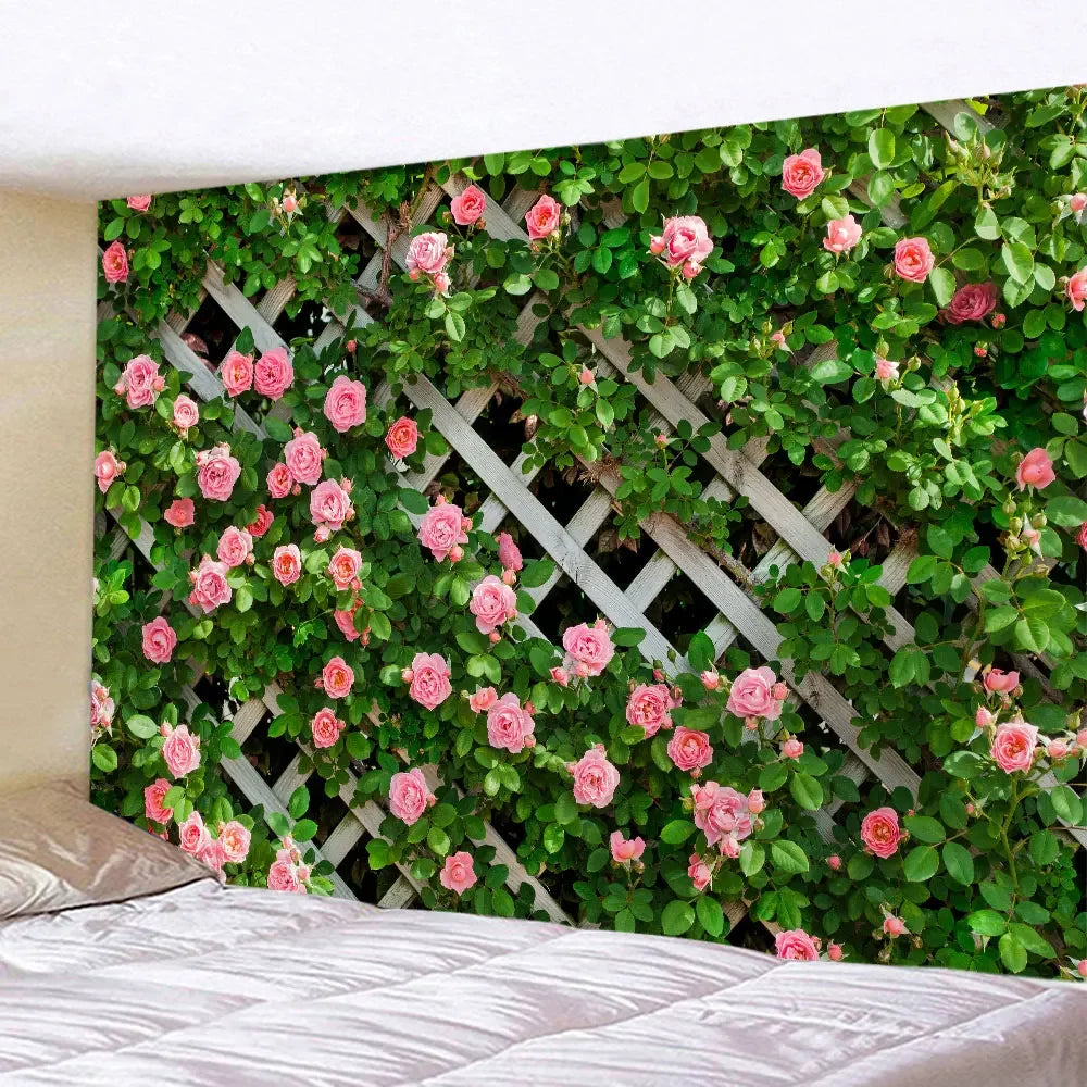 Spring Flowers Wood Fence Tapestry Nature Pink Rose Plants Floral Wall Hanging Garden Window Natural Scenery Cloth Home Decor
