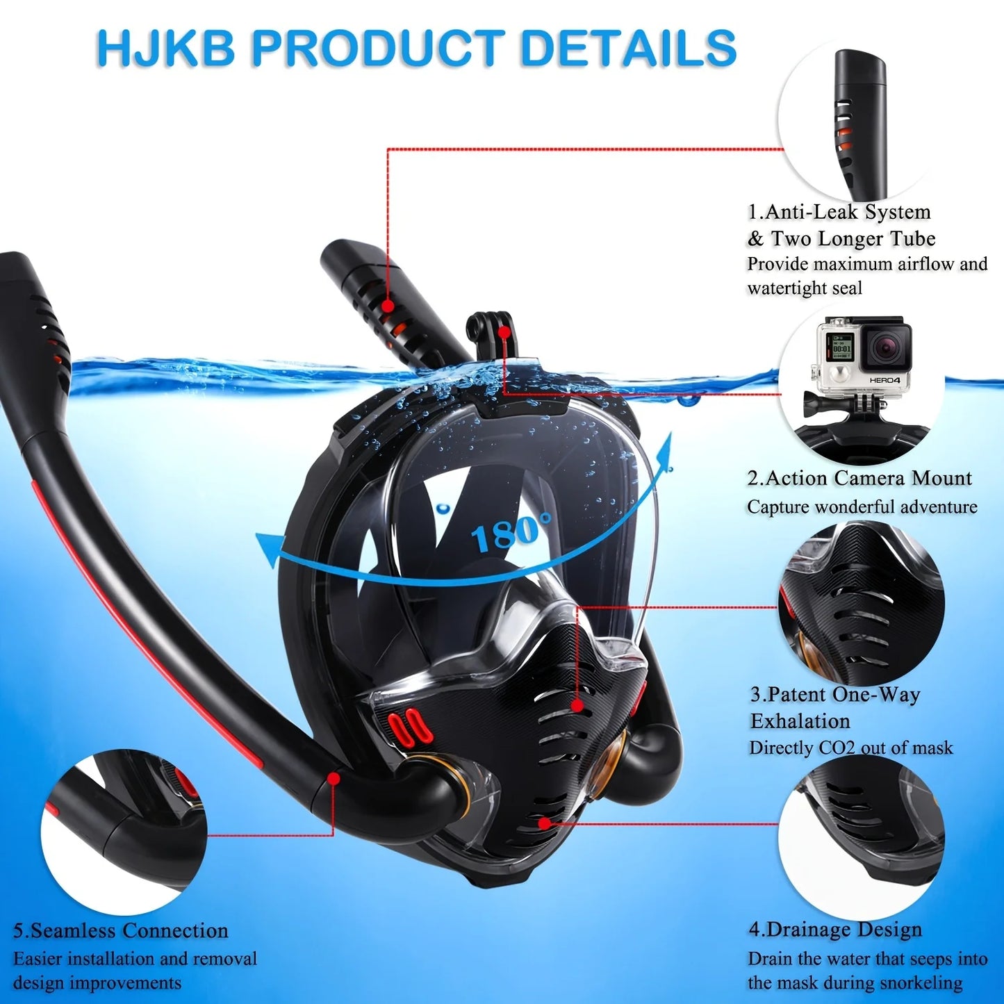 Full Face Snorkel Mask With Breathing System And Camera Mount