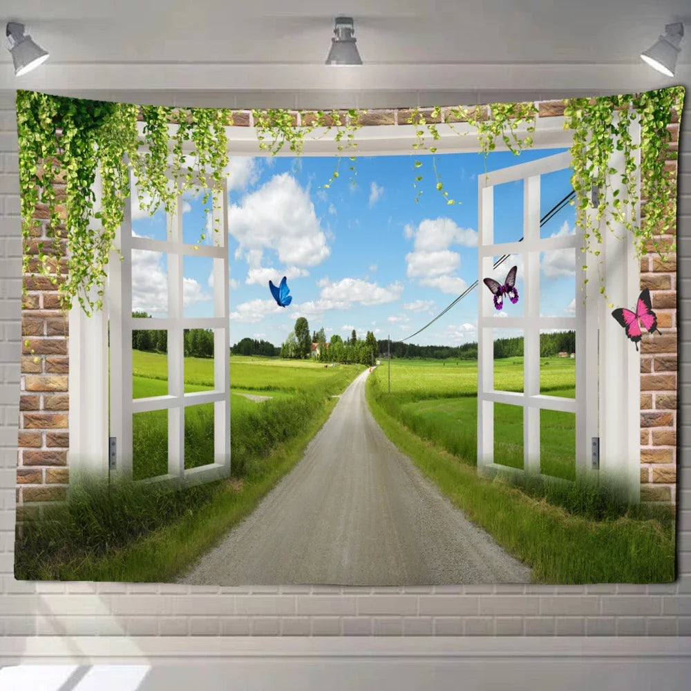 Natural ecological beach landscape imitation window art tapestry background wall room aesthetic living room home decoration