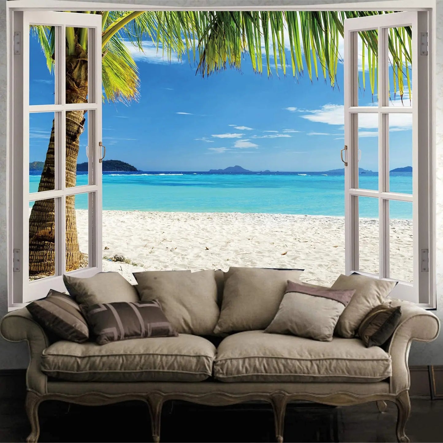 Tropical Beach Tapestry Ocean Waves Palm Tree Scenery 3D Window View Summer Paradise Landscape Wall Art for Living Room Decor