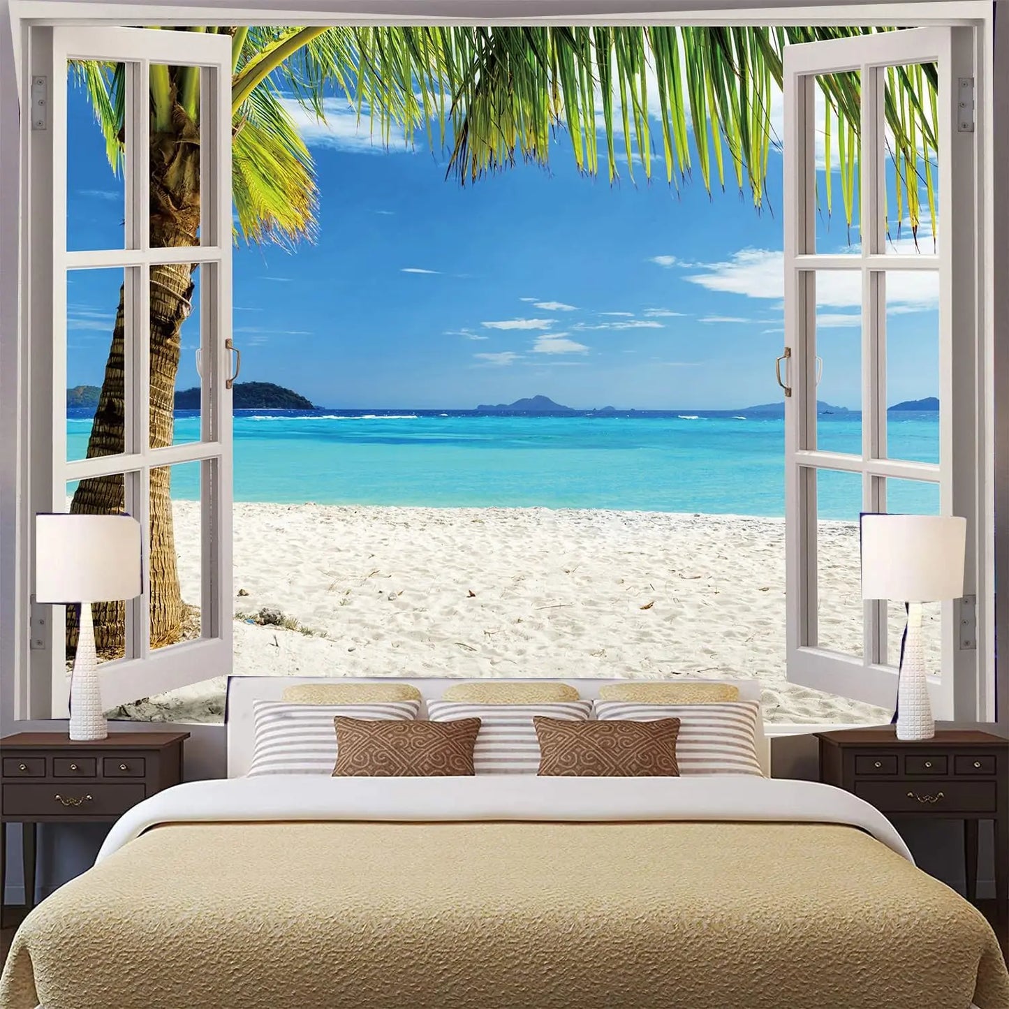Tropical Beach Tapestry Ocean Waves Palm Tree Scenery 3D Window View Summer Paradise Landscape Wall Art for Living Room Decor