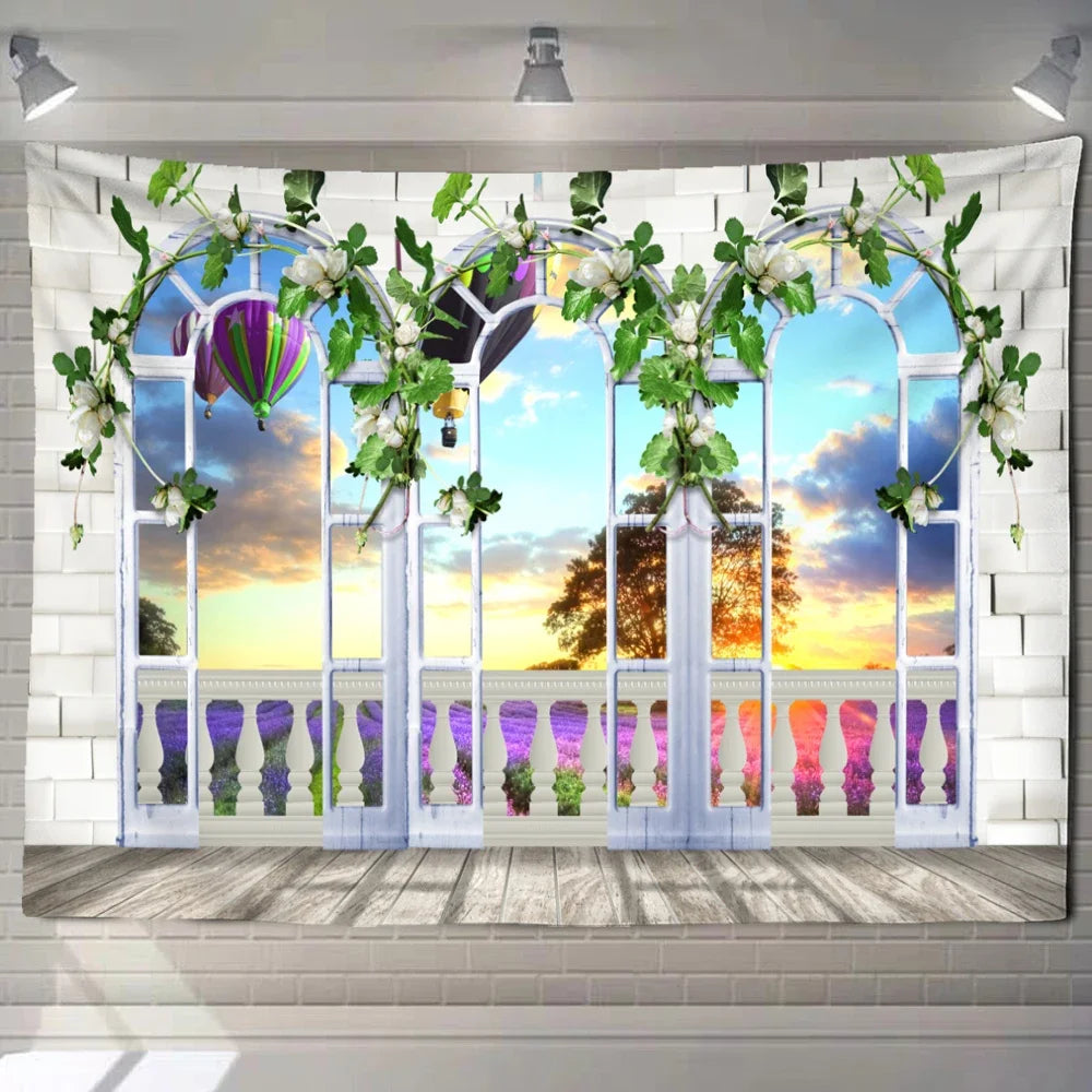 Natural ecological beach landscape imitation window art tapestry background wall room aesthetic living room home decoration
