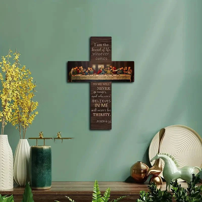 Bread Of Life Last Supper Scene Wooden Sign Cross Wall Art Plaque Home Decoration Pendant Wall Card Bible Scripture Wall Hanging