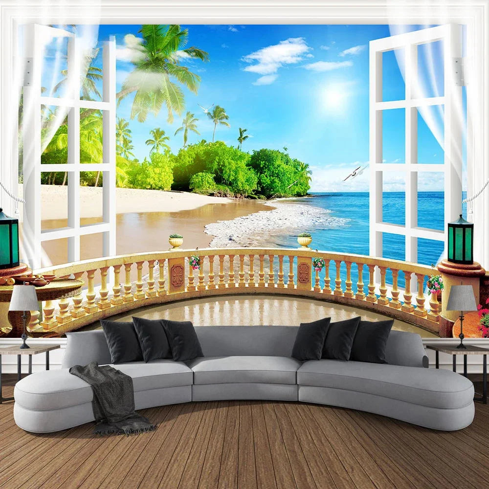 Mountain Cave Landscape Tapestry Ocean Birds Coconut Tree Sailing Beach Nature Scenery Tapestries Home Garden Dorm Bedroom Decor