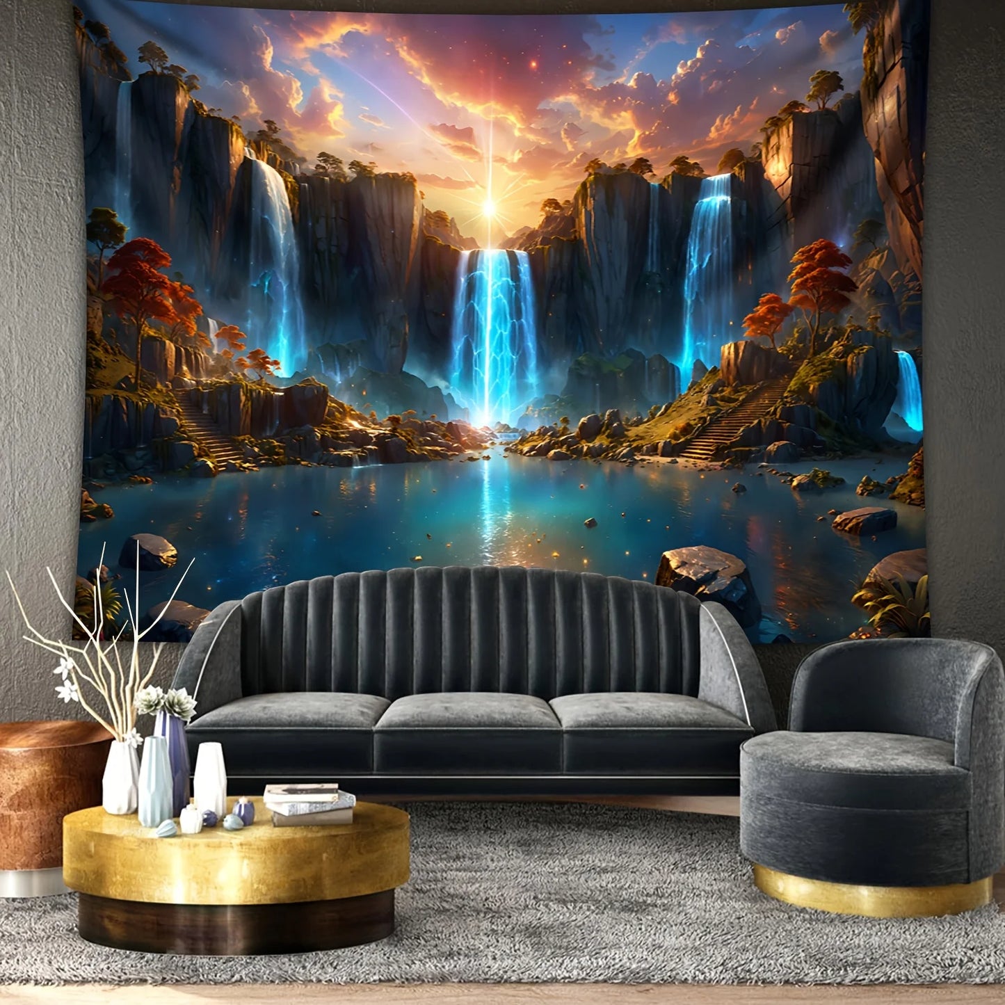 1pc Landscape Theme Waterfall Canyon Tapestry, Ultra Large Polyester Wall Hanging for Living Room Bedroom Office, Indoor Use