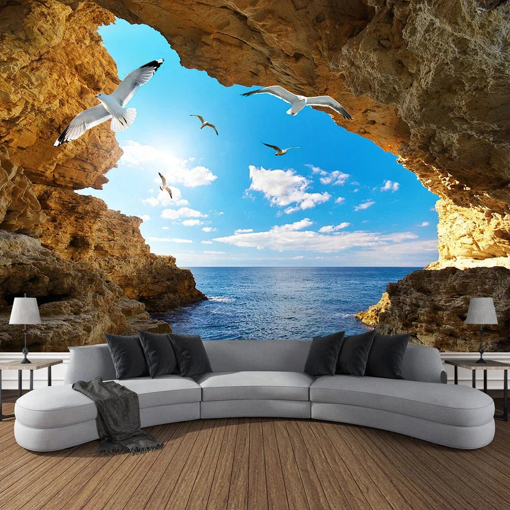 Mountain Cave Landscape Tapestry Ocean Birds Coconut Tree Sailing Beach Nature Scenery Tapestries Home Garden Dorm Bedroom Decor