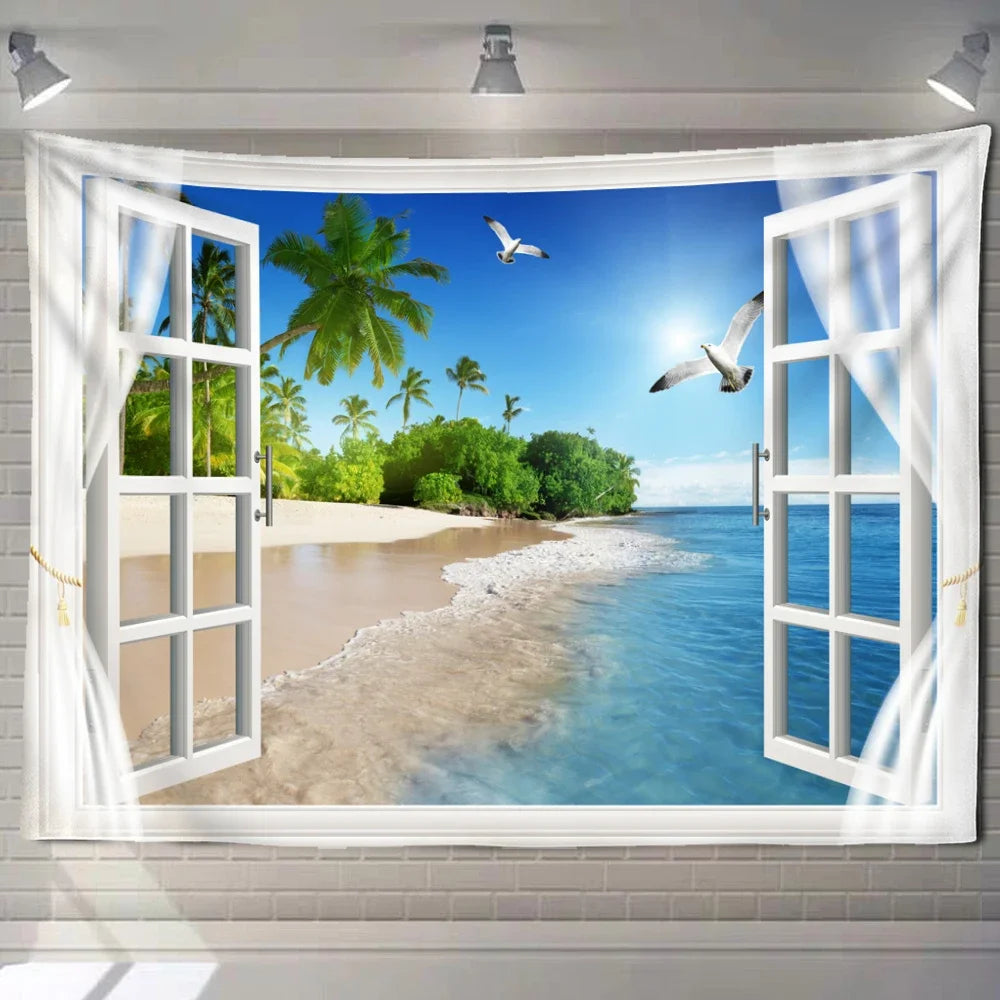 Natural ecological beach landscape imitation window art tapestry background wall room aesthetic living room home decoration