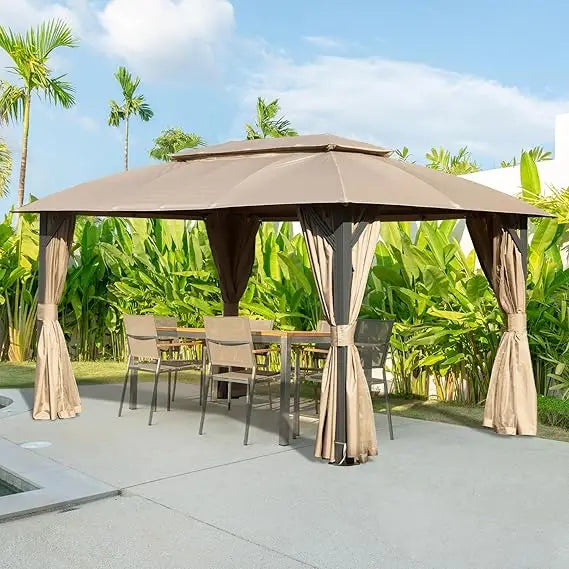 Domi 10'x14' Gazebo with Double Roof Soft Top, Patio Gazebo Canopy Tent Metal Frame for Deck Backyard Garden Lawns Khaki