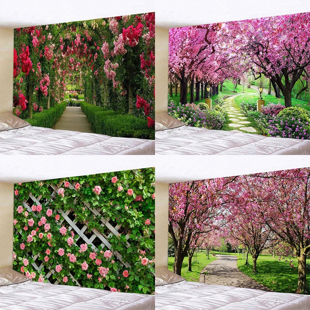 Spring Flowers Wood Fence Tapestry Nature Pink Rose Plants Floral Wall Hanging Garden Window Natural Scenery Cloth Home Decor