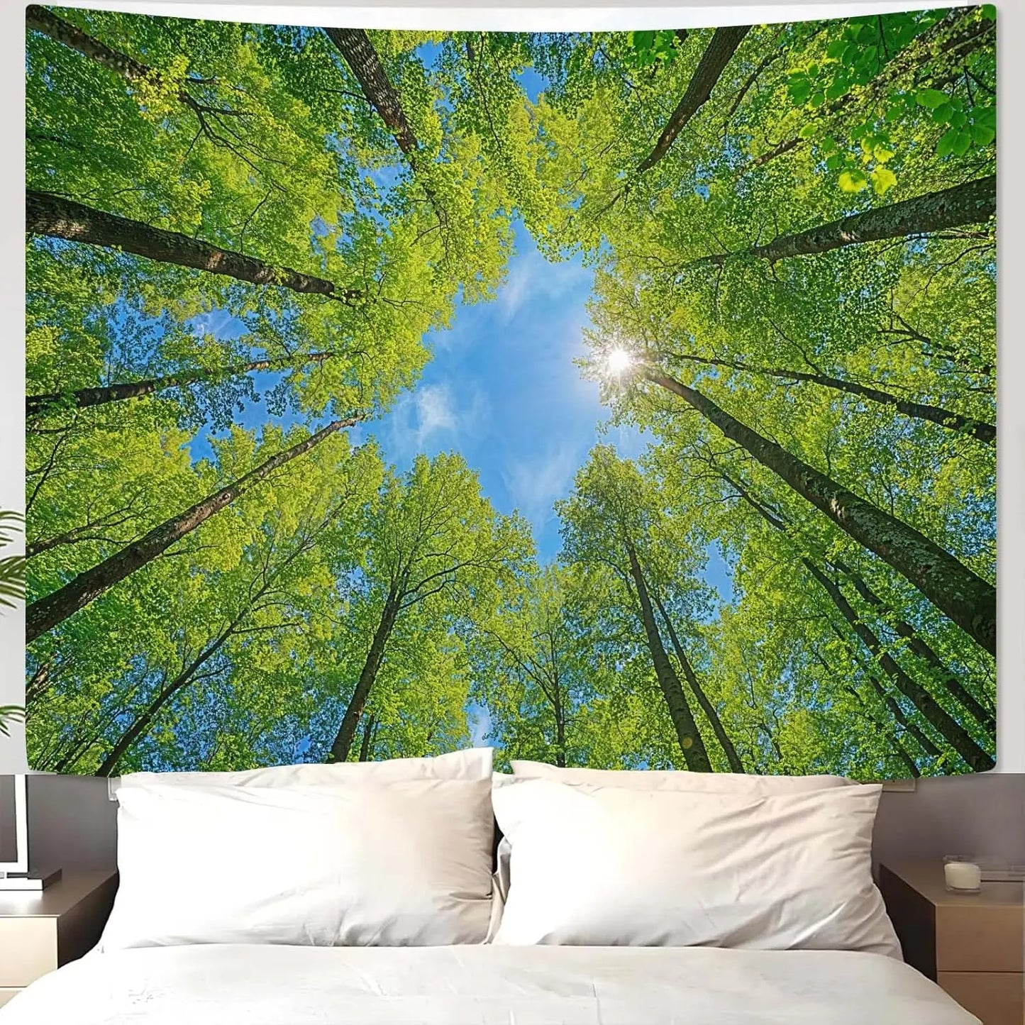 Nature Forest Tree Celling Tapestry Lush Green Treetops Sunlit Tapestry for Bedroom Aesthetic Sunlight Canopy Leaves Landscape