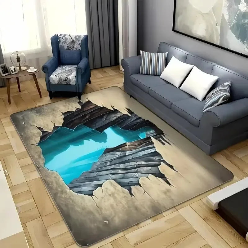 3D Desert Crack Water Fire Design Rug Non-Slip Machine Washable Carpet Fashion Bedroom Living Room Beach Style Floor Mat