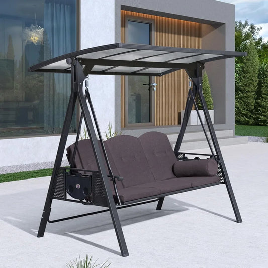 Outdoor Patio Porch Swing with Adjustable PVC Canopy, 3-seat Swing Chair Bench with Side Cup Holder for Backyard Front Porch La