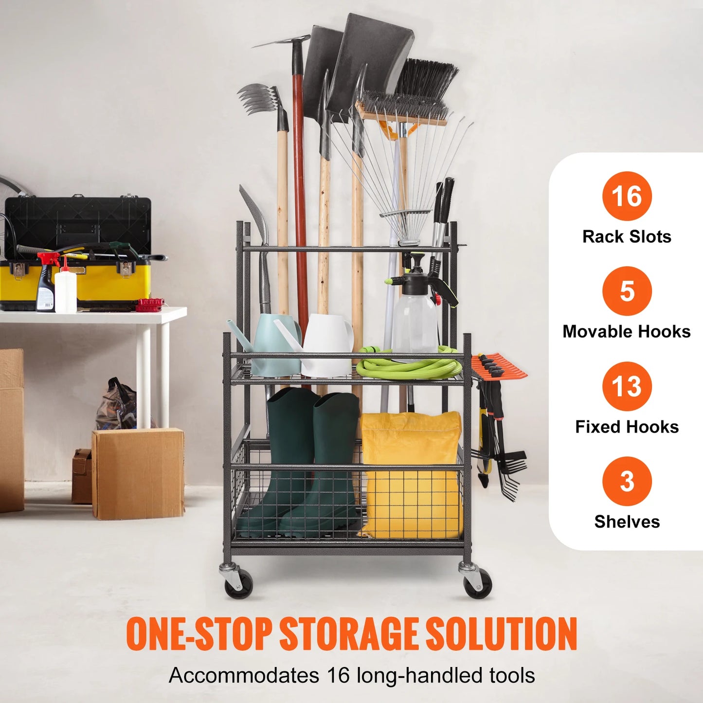 SucceBuy 16 Slots Garden Tool Organizer Rack With Wheels