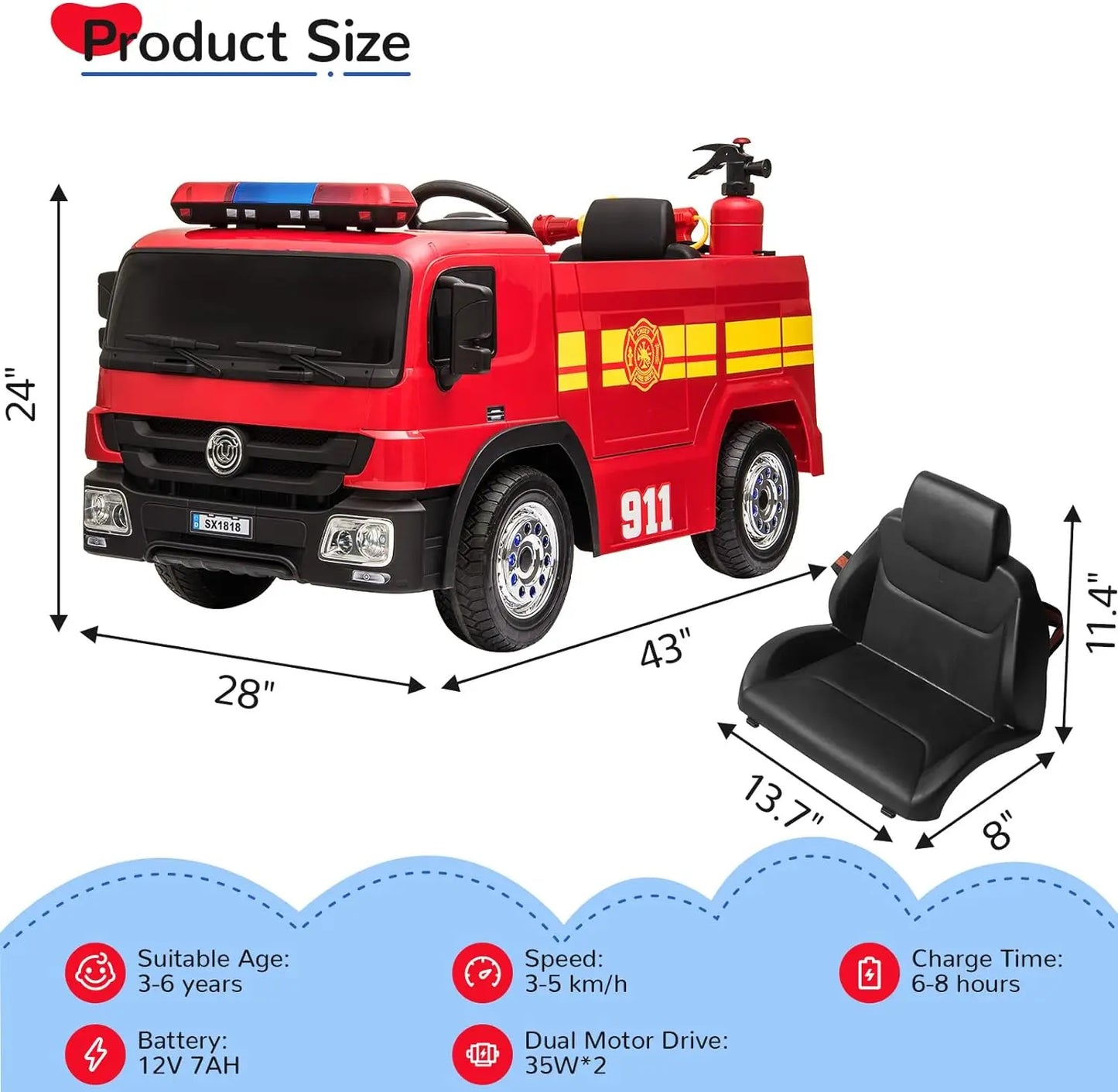 12V Ride On Fire Truck With Remote For Kids
