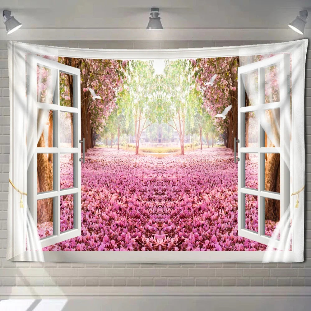 Natural ecological beach landscape imitation window art tapestry background wall room aesthetic living room home decoration