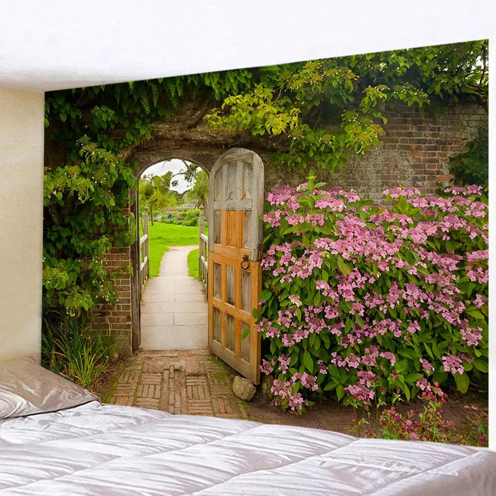 Spring Flowers Wood Fence Tapestry Nature Pink Rose Plants Floral Wall Hanging Garden Window Natural Scenery Cloth Home Decor