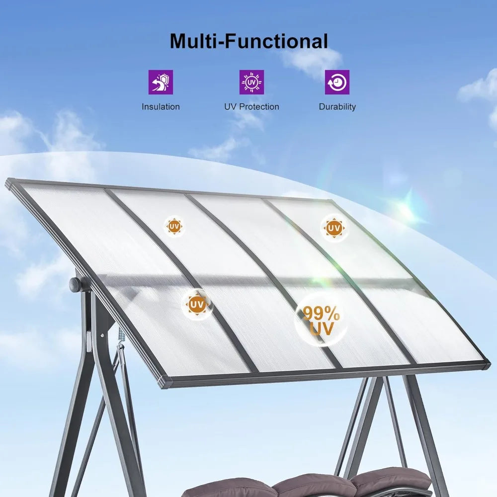 Outdoor Patio Porch Swing with Adjustable PVC Canopy, 3-seat Swing Chair Bench with Side Cup Holder for Backyard Front Porch La