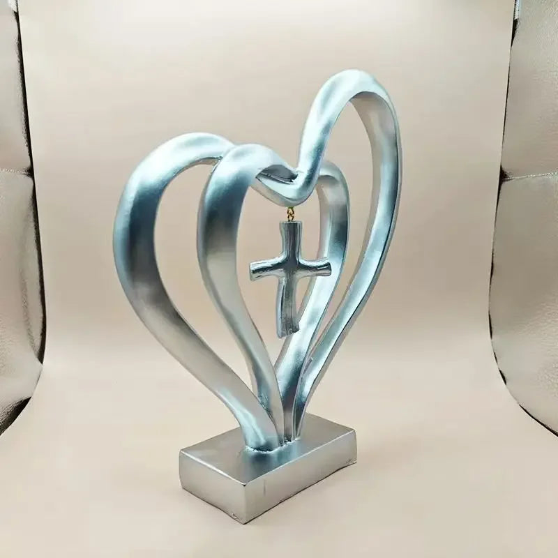 Hearts Cross Sculpture Love And Faith Decor Modern Minimalist Religious Tabletop Accent For Home Or Office Desk Decoration Gifts