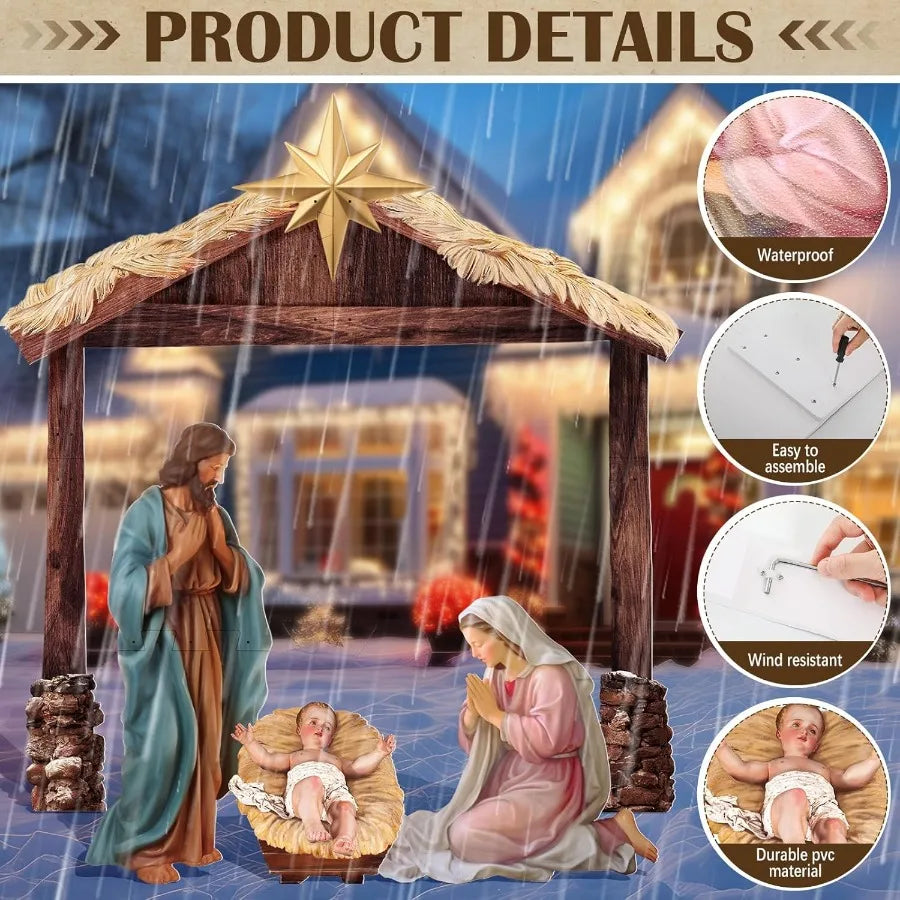 Large Outdoor Christmas Nativity Scene Holy Family Decoration Set Made of Weatherproof PVC for Front Yard and Lawn Perfect Chri