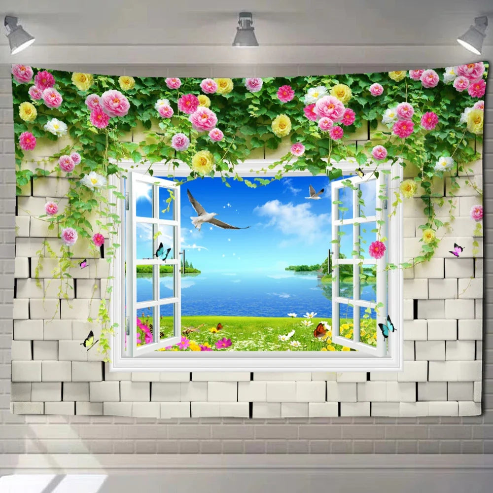 Natural ecological beach landscape imitation window art tapestry background wall room aesthetic living room home decoration