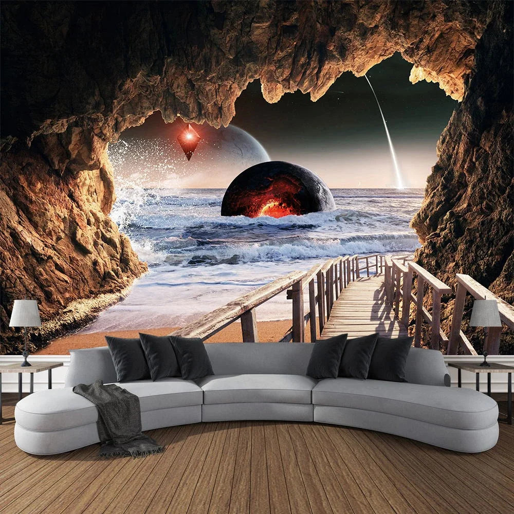 Mountain Cave Landscape Tapestry Ocean Birds Coconut Tree Sailing Beach Nature Scenery Tapestries Home Garden Dorm Bedroom Decor