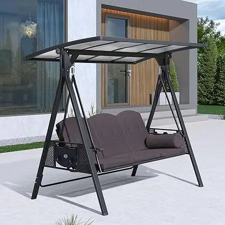 Outdoor Patio Porch Swing with Adjustable PVC Canopy, 3-seat Swing Chair Bench with Side Cup Holder for Backyard Front Porch La