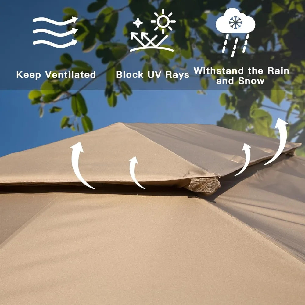 Domi 10'x14' Gazebo with Double Roof Soft Top, Patio Gazebo Canopy Tent Metal Frame for Deck Backyard Garden Lawns Khaki