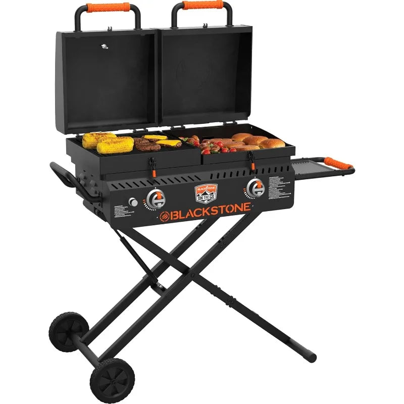 Go Combo with Wheels, Legs Hood & Side Shelf-Heavy Duty Flat Top Portable BBQ Griddle Grill Station for Kitchen, Camping with a grease catch