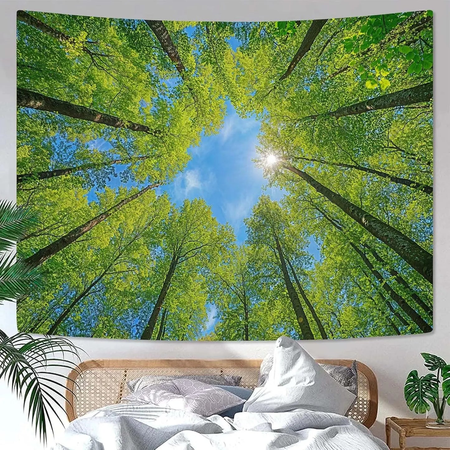 Nature Forest Tree Celling Tapestry Lush Green Treetops Sunlit Tapestry for Bedroom Aesthetic Sunlight Canopy Leaves Landscape