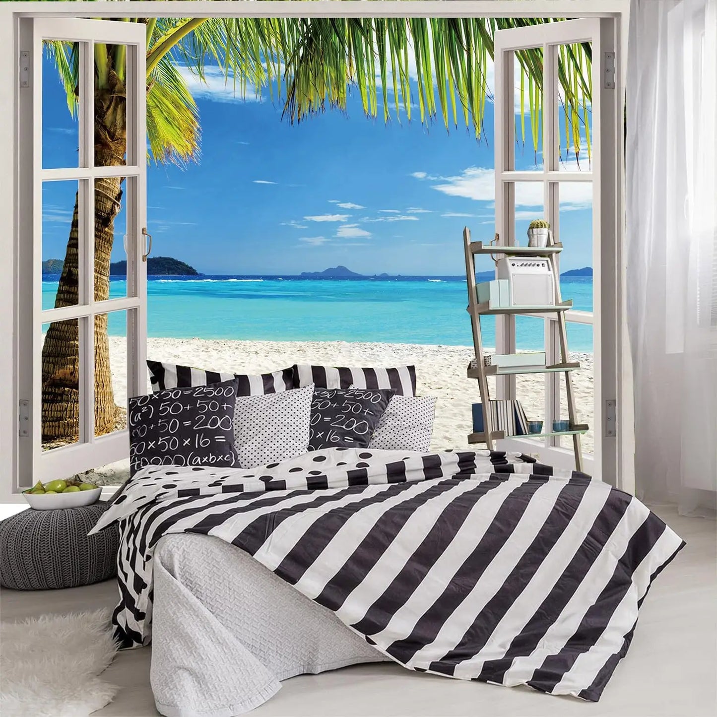 Tropical Beach Tapestry Ocean Waves Palm Tree Scenery 3D Window View Summer Paradise Landscape Wall Art for Living Room Decor