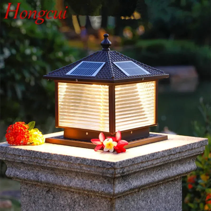Hongcui Solar Post Lamp LED Outdoor Creative Striped Glass Simple Pillar Light Waterproof IP65 for Home Villa Courtyard
