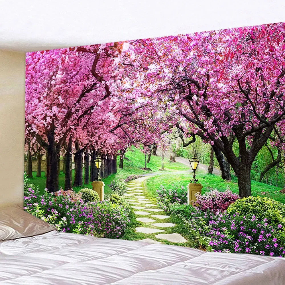 Spring Flowers Wood Fence Tapestry Nature Pink Rose Plants Floral Wall Hanging Garden Window Natural Scenery Cloth Home Decor