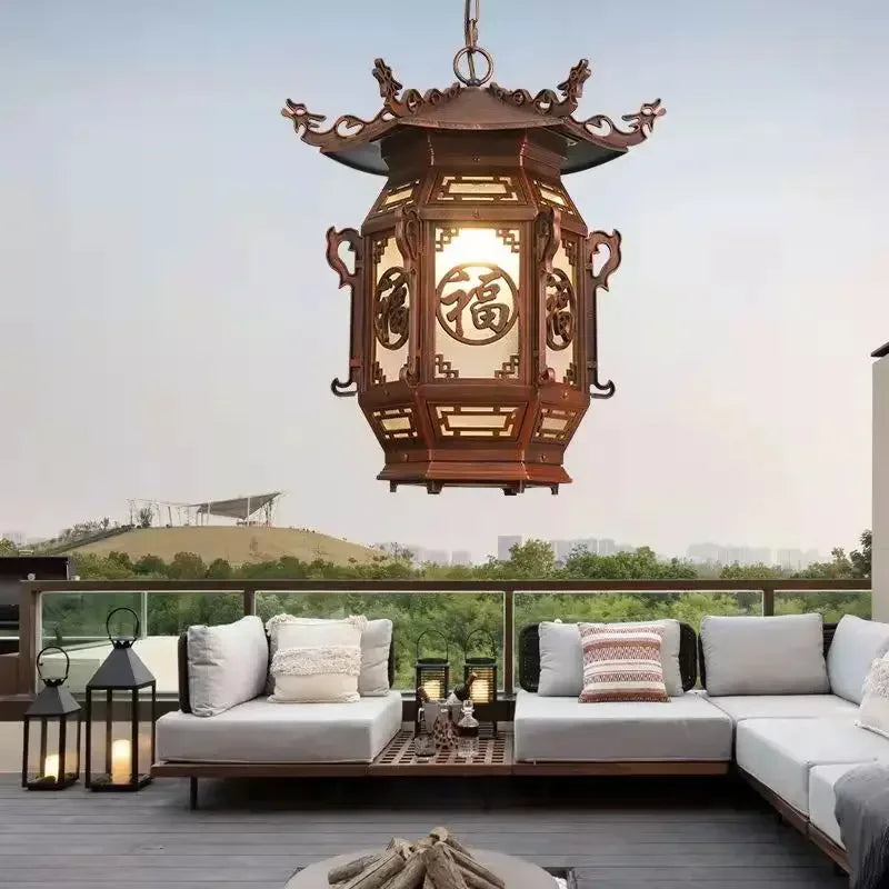 ANITA Chinese Lantern Pendant Lamps Outdoor Waterproof LED Black Retro Chandelier for Home Hotel Corridor Decor Electricity