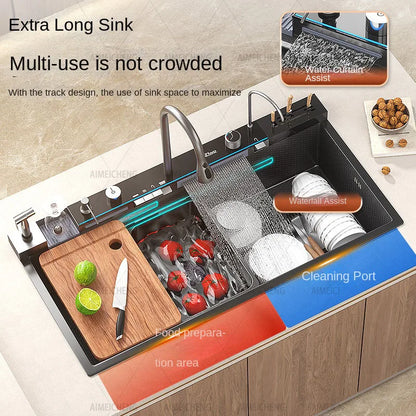 Digital fly rain waterfall sink embossed nano 304 stainless steel large single sink kitchen black washbasin