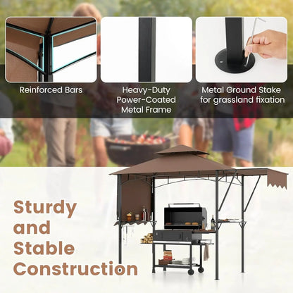 13x5 Ft Grill Gazebo with Dual Side Awnings, 2-Tier Barbecue Gazebo with 2 Shelves, 7 Hooks, Adjustable Shadow, Outdoor Grill