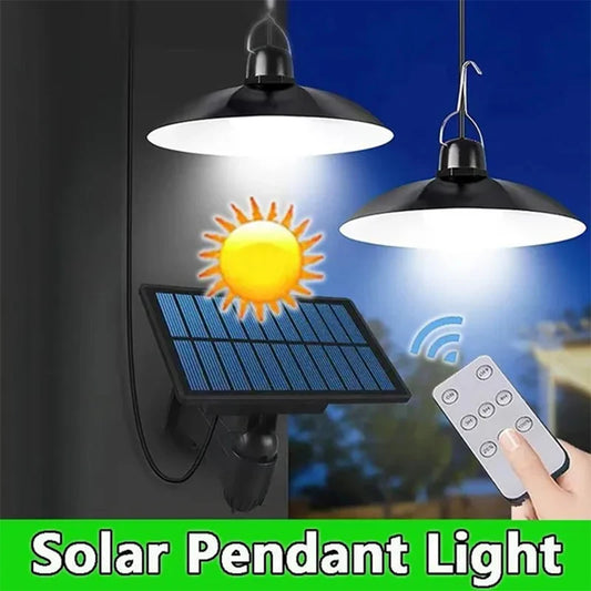 Solar Pendant Light Outdoor Waterproof LED Lamp Double-head Chandelier Decorations with Remote Control for Indoor Shed Barn Room