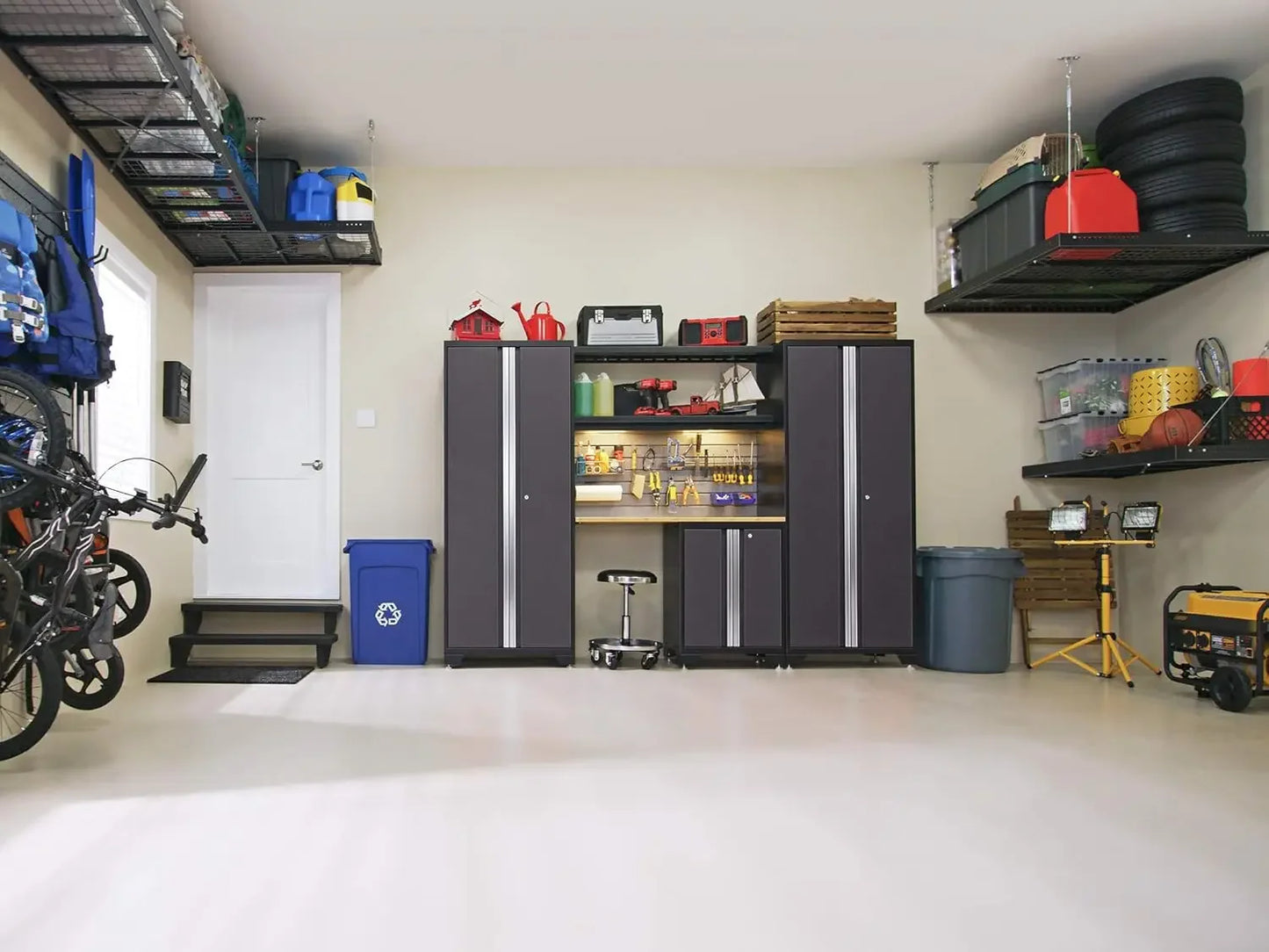 Bold Steel Garage Cabinets Set With Bamboo Worktop
