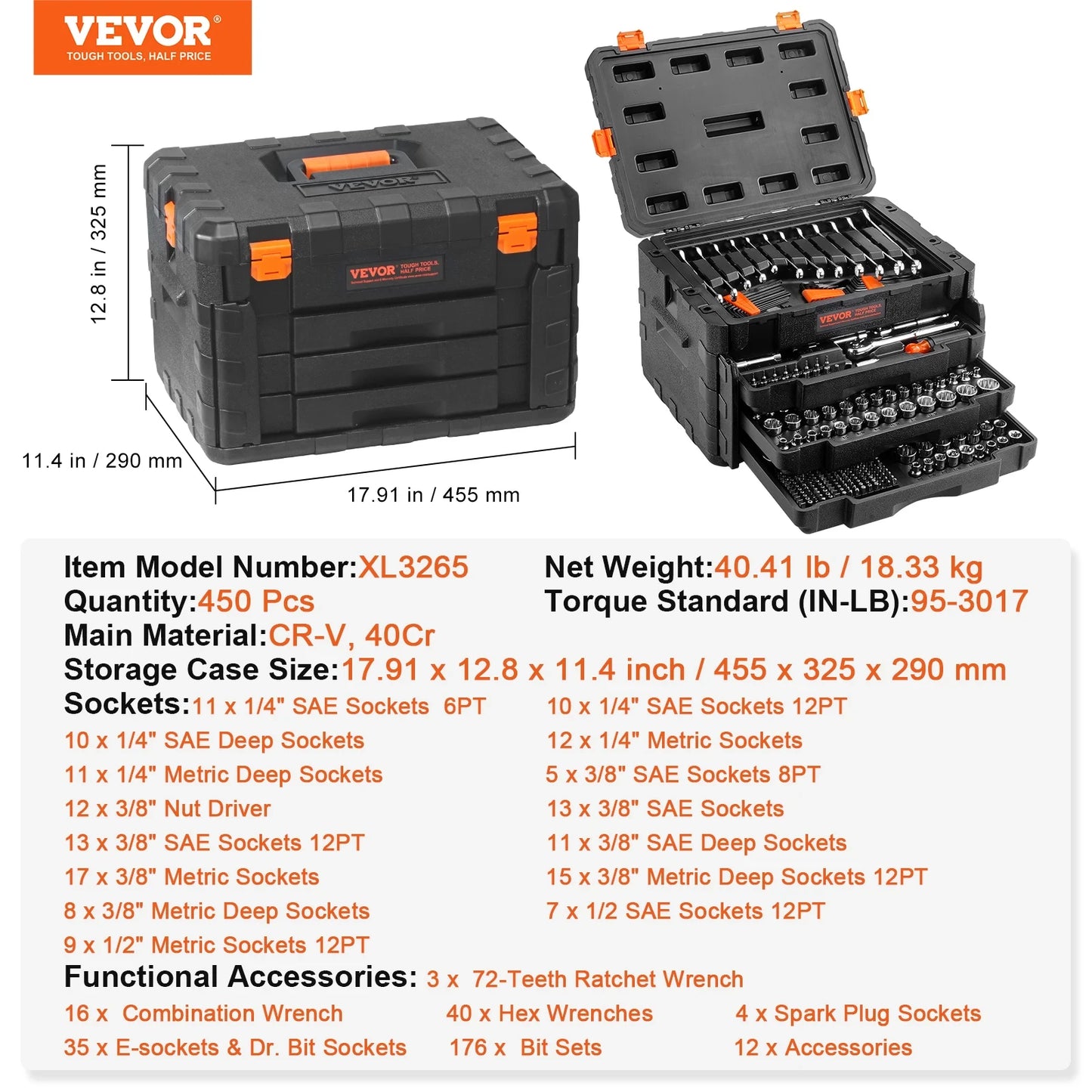 Mechanics Tool Set With 450-Piece SAE And Metric Sockets