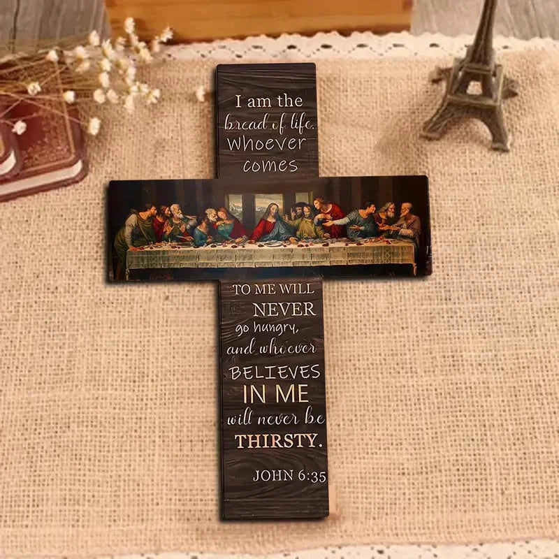 Bread Of Life Last Supper Scene Wooden Sign Cross Wall Art Plaque Home Decoration Pendant Wall Card Bible Scripture Wall Hanging