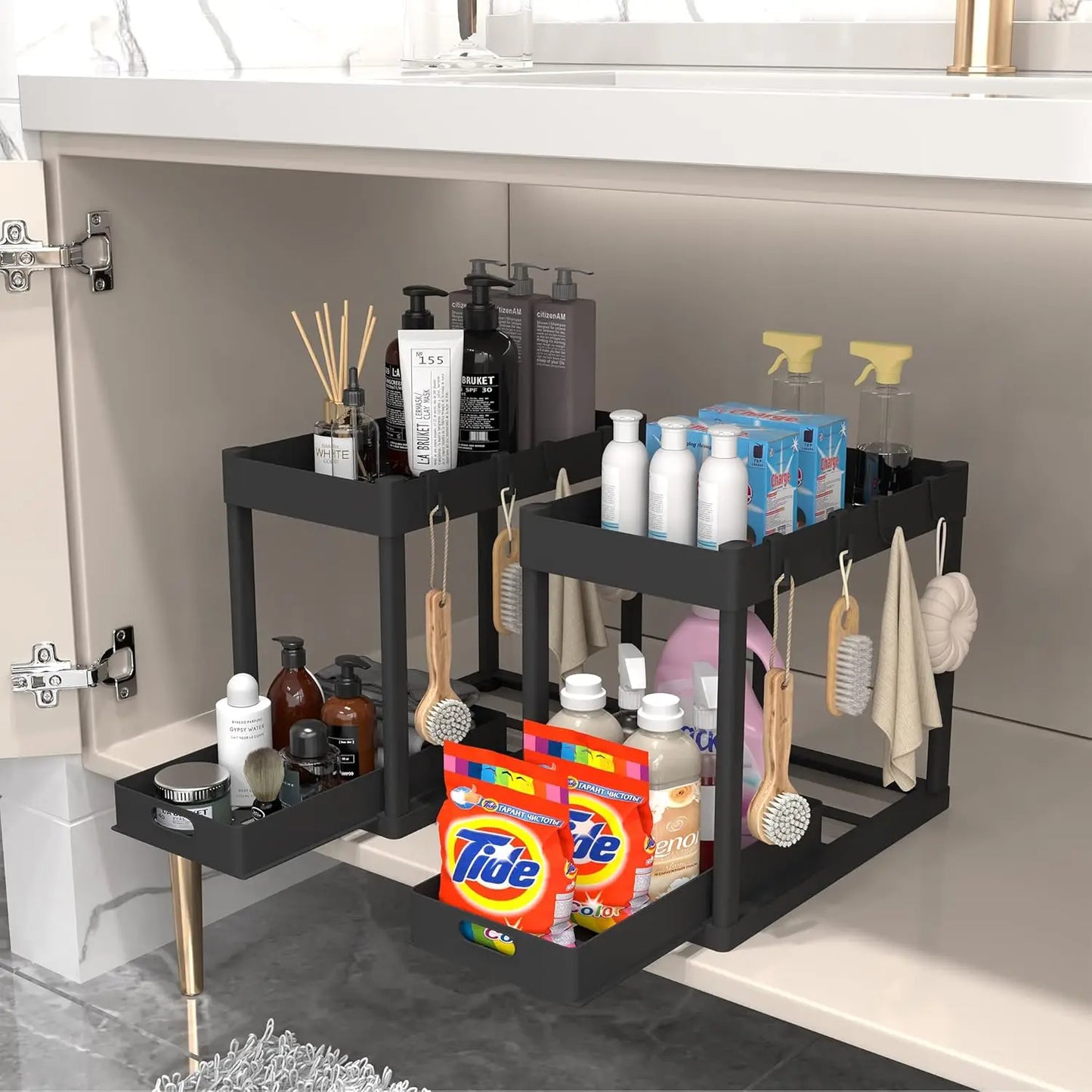 Under Sink Pull Out Storage Rack Double Tier Shelving Unit