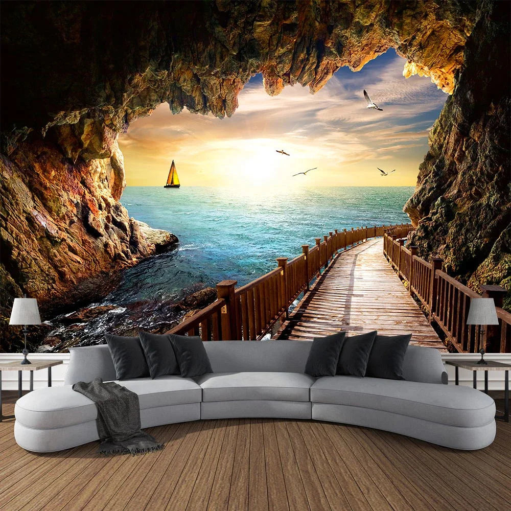 Mountain Cave Landscape Tapestry Ocean Birds Coconut Tree Sailing Beach Nature Scenery Tapestries Home Garden Dorm Bedroom Decor