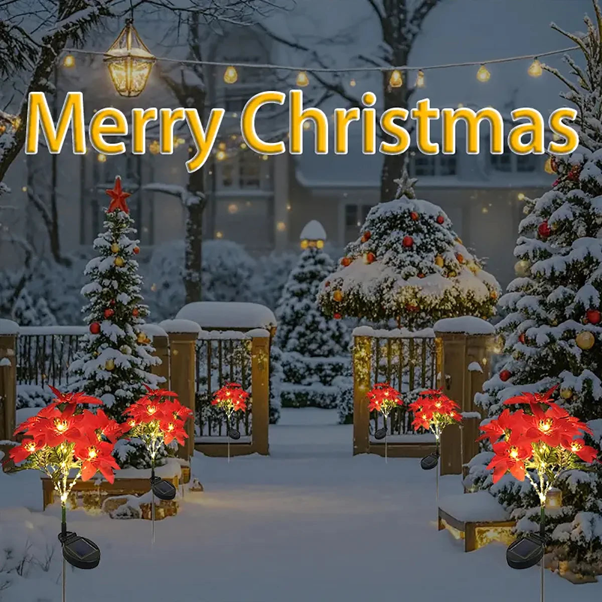 LED solar Christmas flower poinsettia artificial flower light, suitable for decorating Christmas gardens, lawns, and courtyards