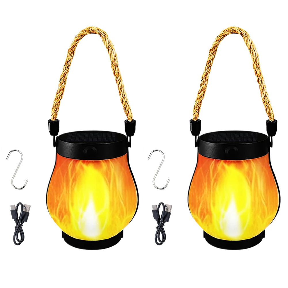 1-2 Set Solar Flame Flickering Camping Light with Rope Handle Garden Decoration Outdoor Lawn Path Yard Patio Hanging Lamp